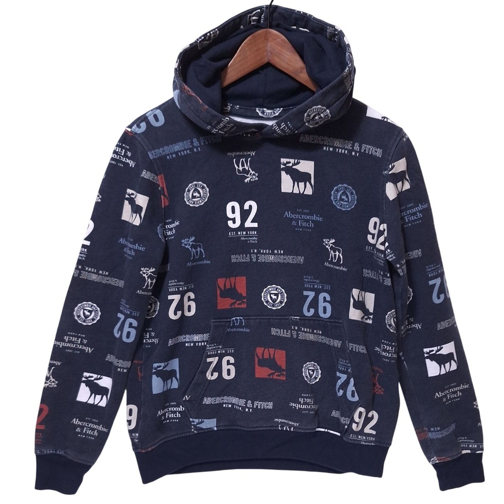 Abercrombie All Over Logo Graphic Hoodie Kids 13/14 Sweatshirt Moose‎ Navy Y2K